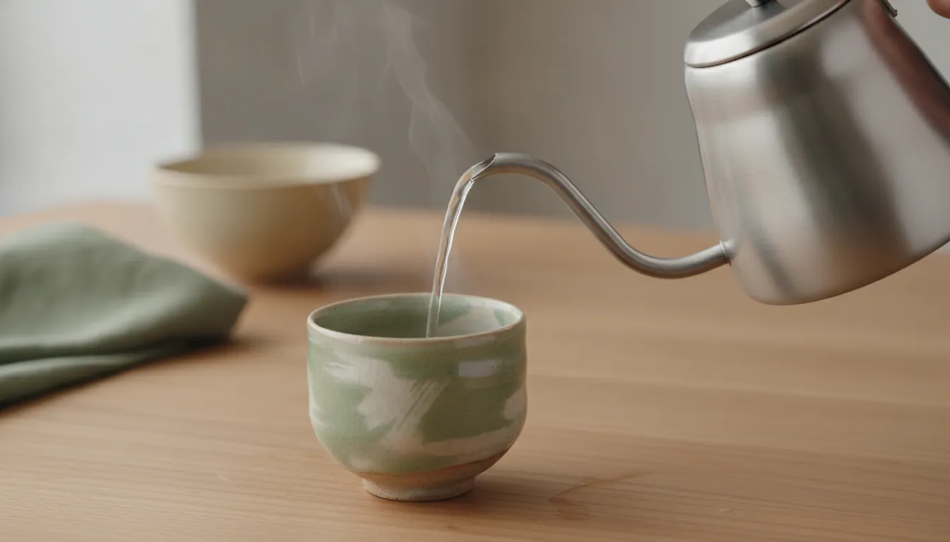 Tea kettle pouring hot water into a Japanese green tea vessel