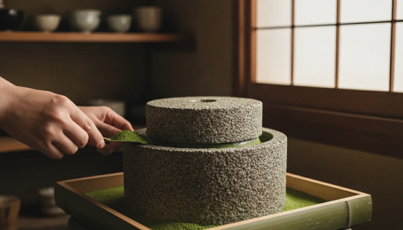 Stone mill grinding tencha into matcha powder in Japan