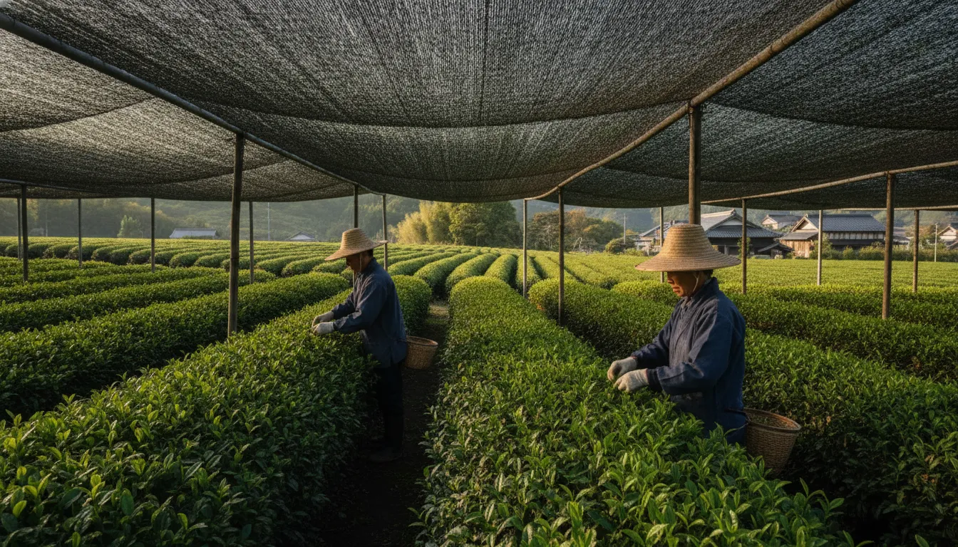 Shade-grown tea plants on a matcha farm in Japan