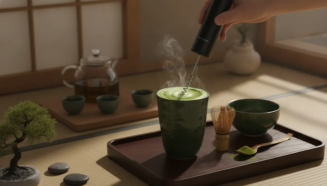Handheld milk frother mixing Sorate matcha