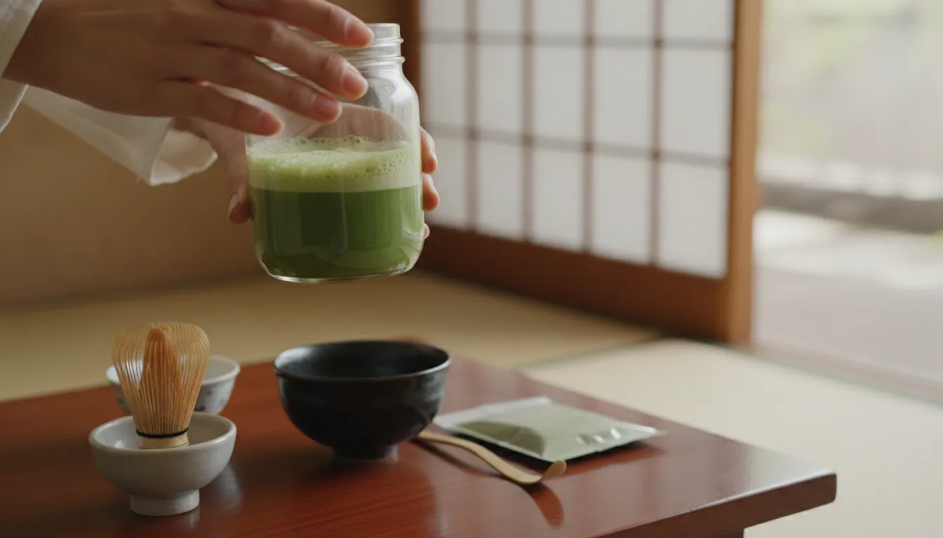 Sorate matcha being mixed in a sealed glass jar