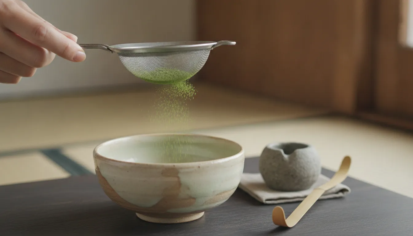 Sifting matcha powder into a bowl to prevent clumps