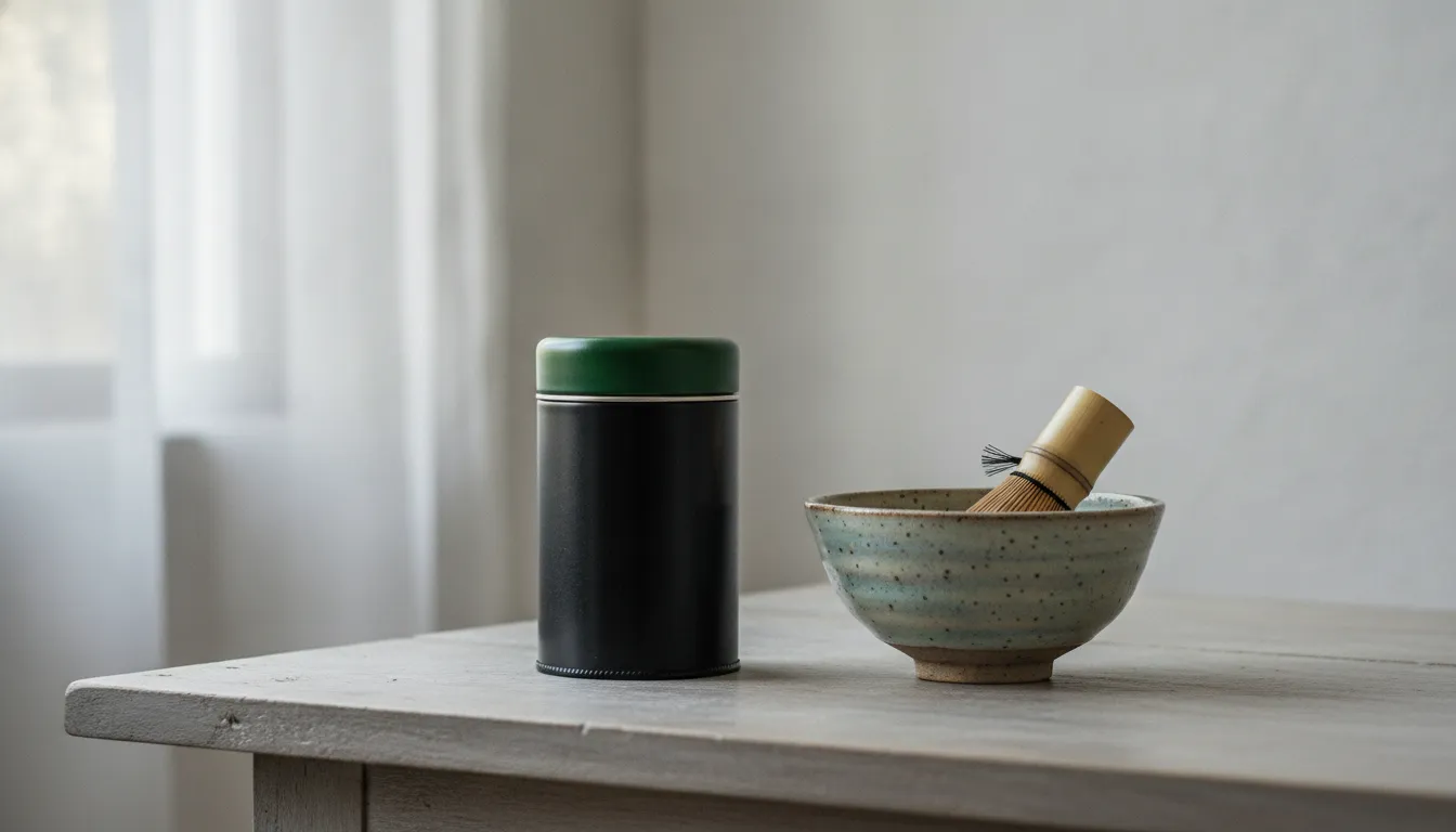 Airtight matcha storage tin beside a ceramic bowl and bamboo whisk
