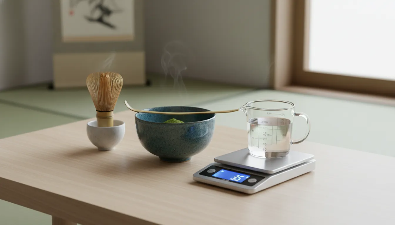 Scale, bamboo whisk, bowl, and cup used to measure a consistent matcha ratio