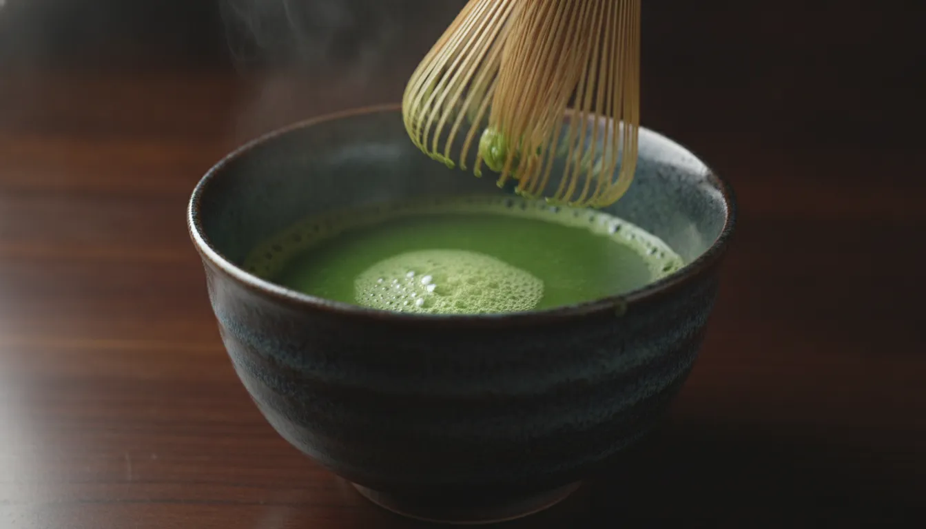 Bright green matcha being whisked with a bamboo chasen in a traditional ceramic bowl