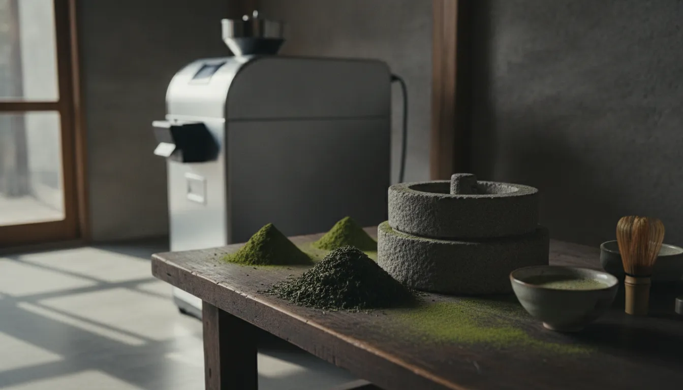 Stone mill and machine mill in a Japanese tea workshop