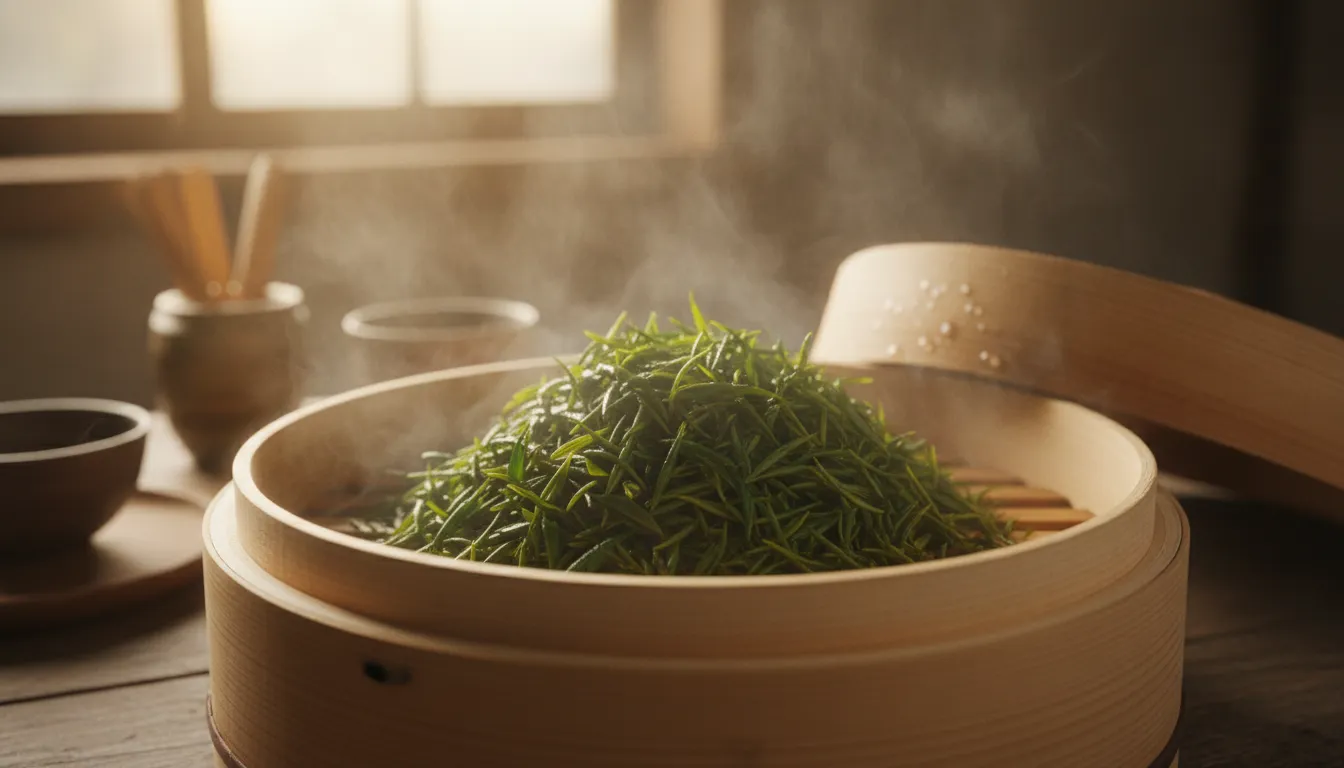 Vibrant green Japanese sencha tea leaves being steamed at a Kyoto farm