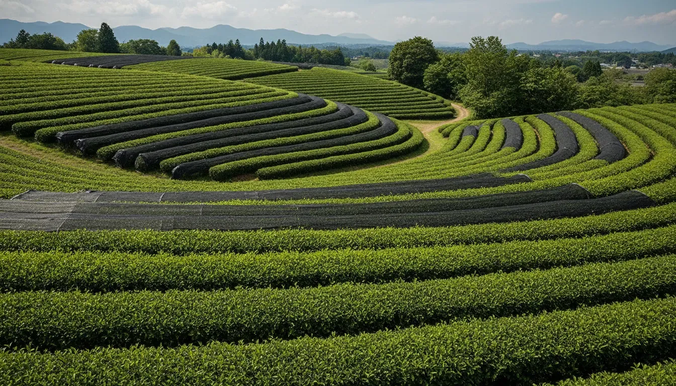 Japanese tea bushes showing covered cultivation used to make shaded green tea