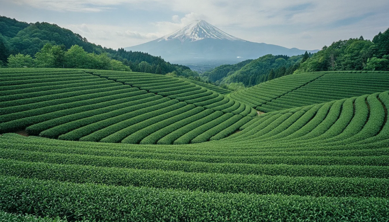 Tea rows across a Shizuoka tea-growing landscape