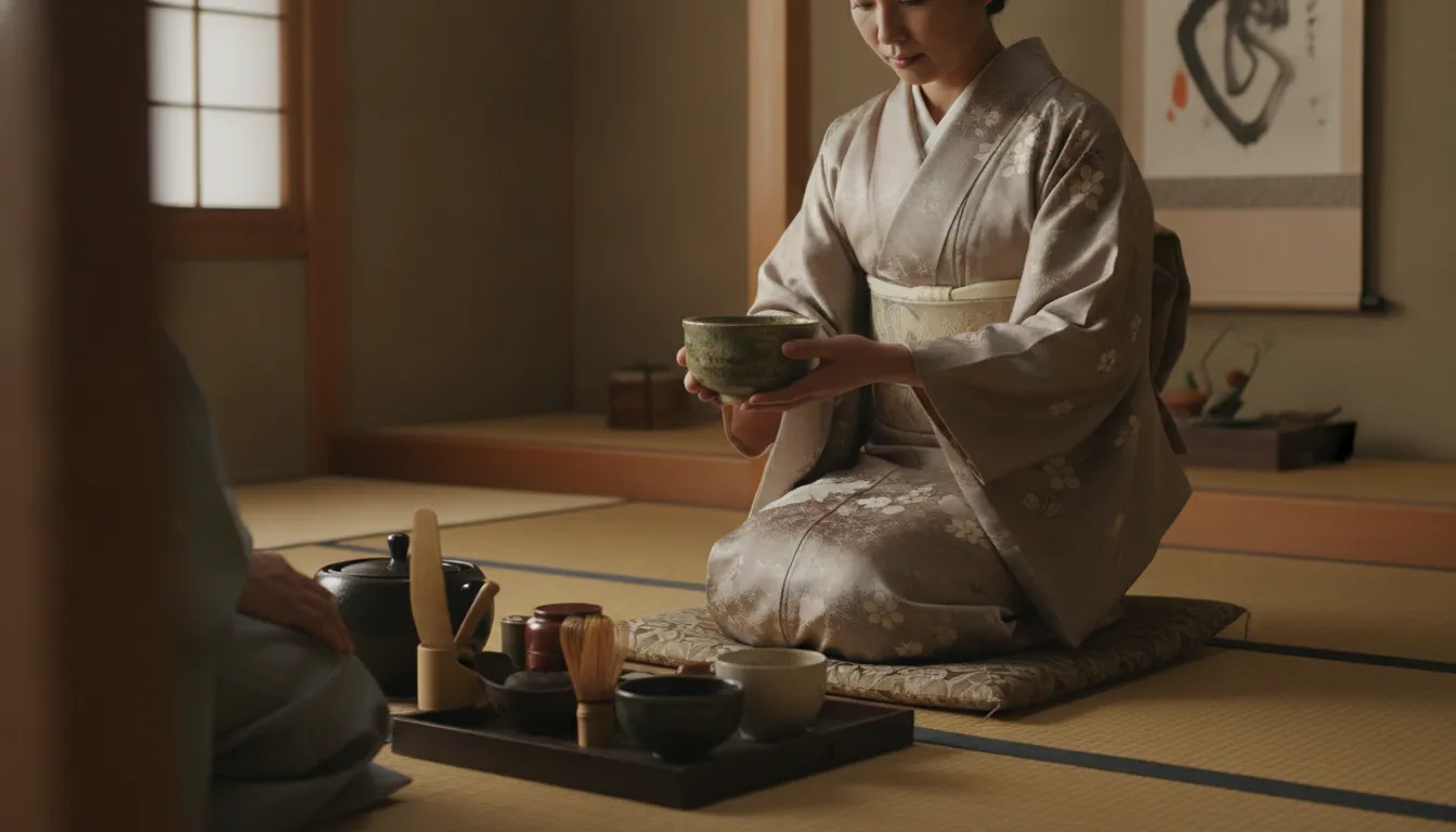 First-time guest following tea ceremony etiquette while receiving a matcha bowl