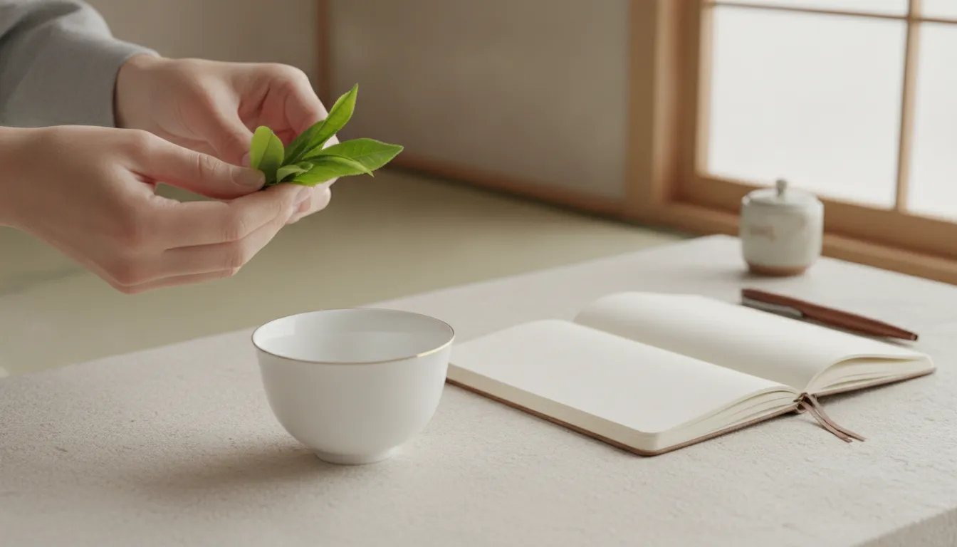 Examining Japanese green tea leaves during a tea tasting
