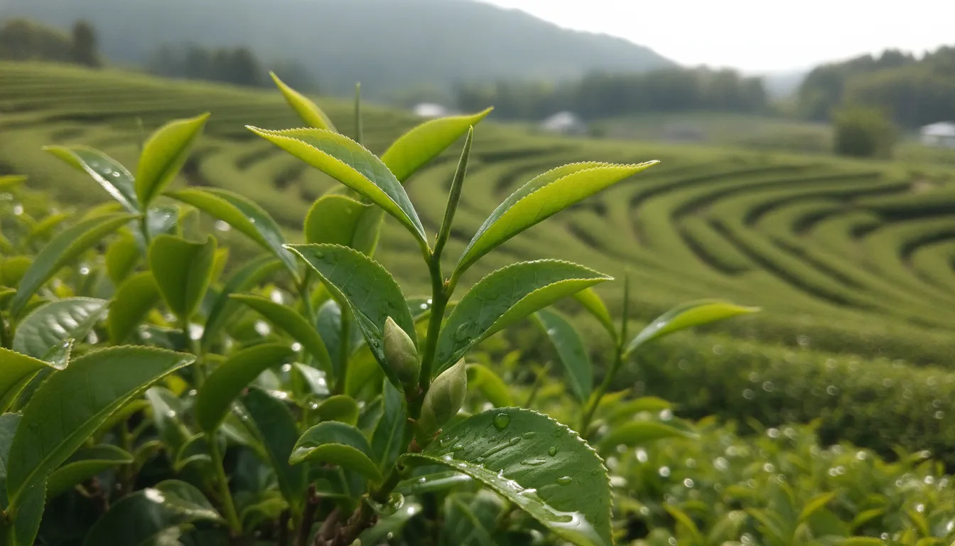 Fresh tea leaves and buds in a Japanese tea-growing region