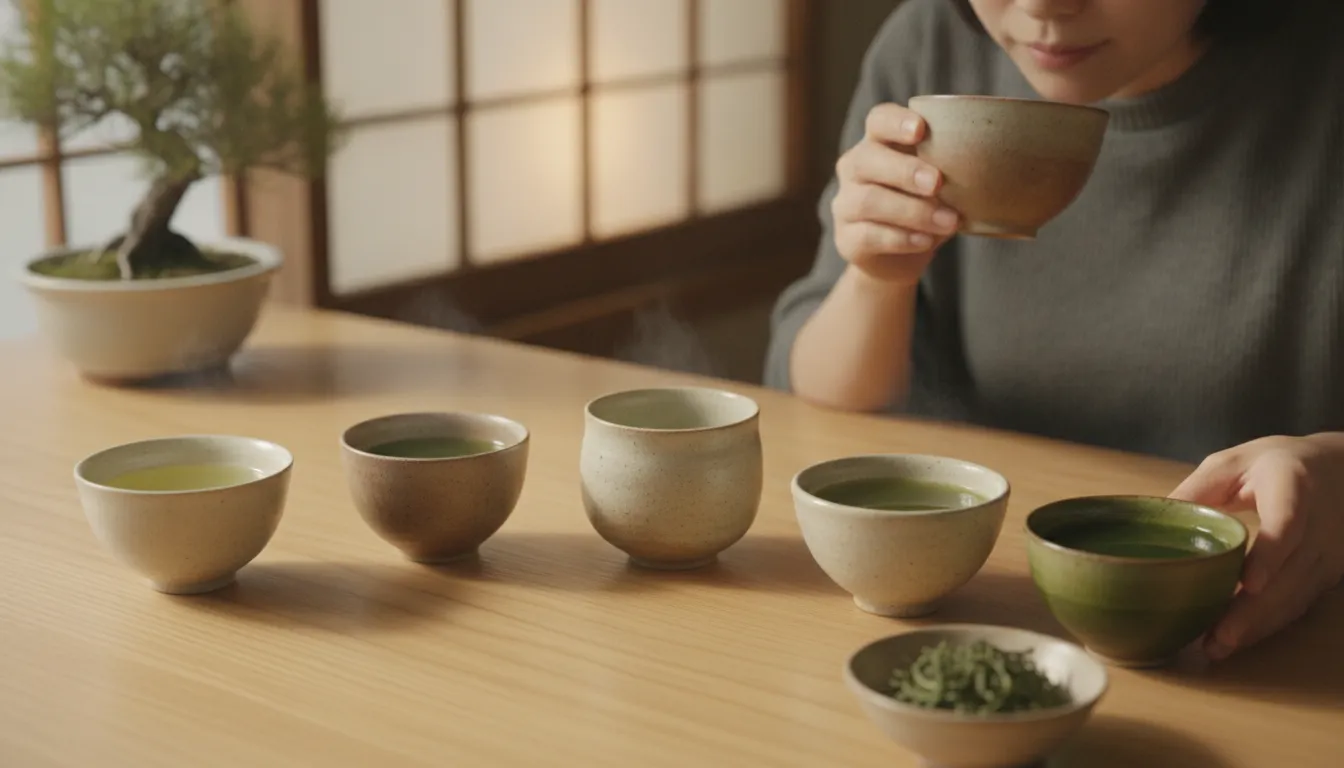 Five ceramic cups arranged for a Japanese green tea tasting