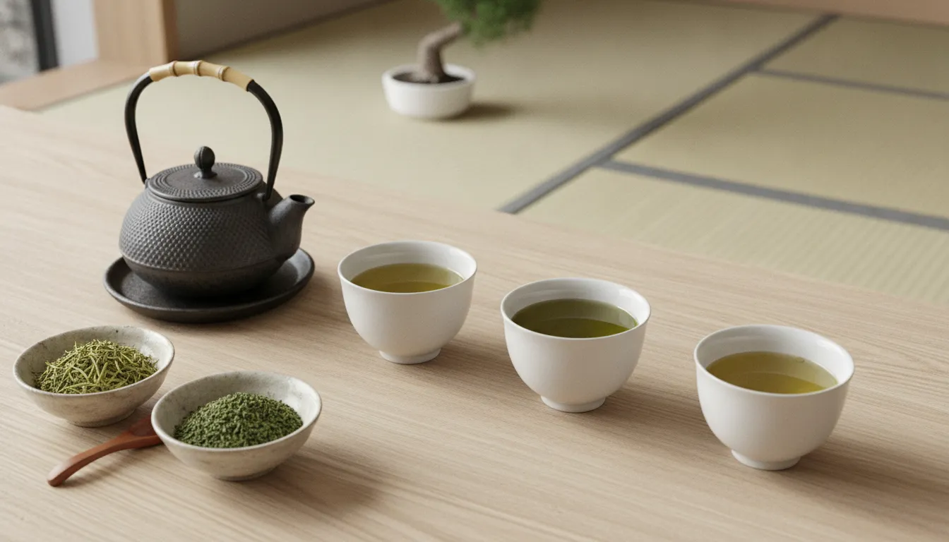 Japanese green tea tasting flight prepared with a kyusu and white cups