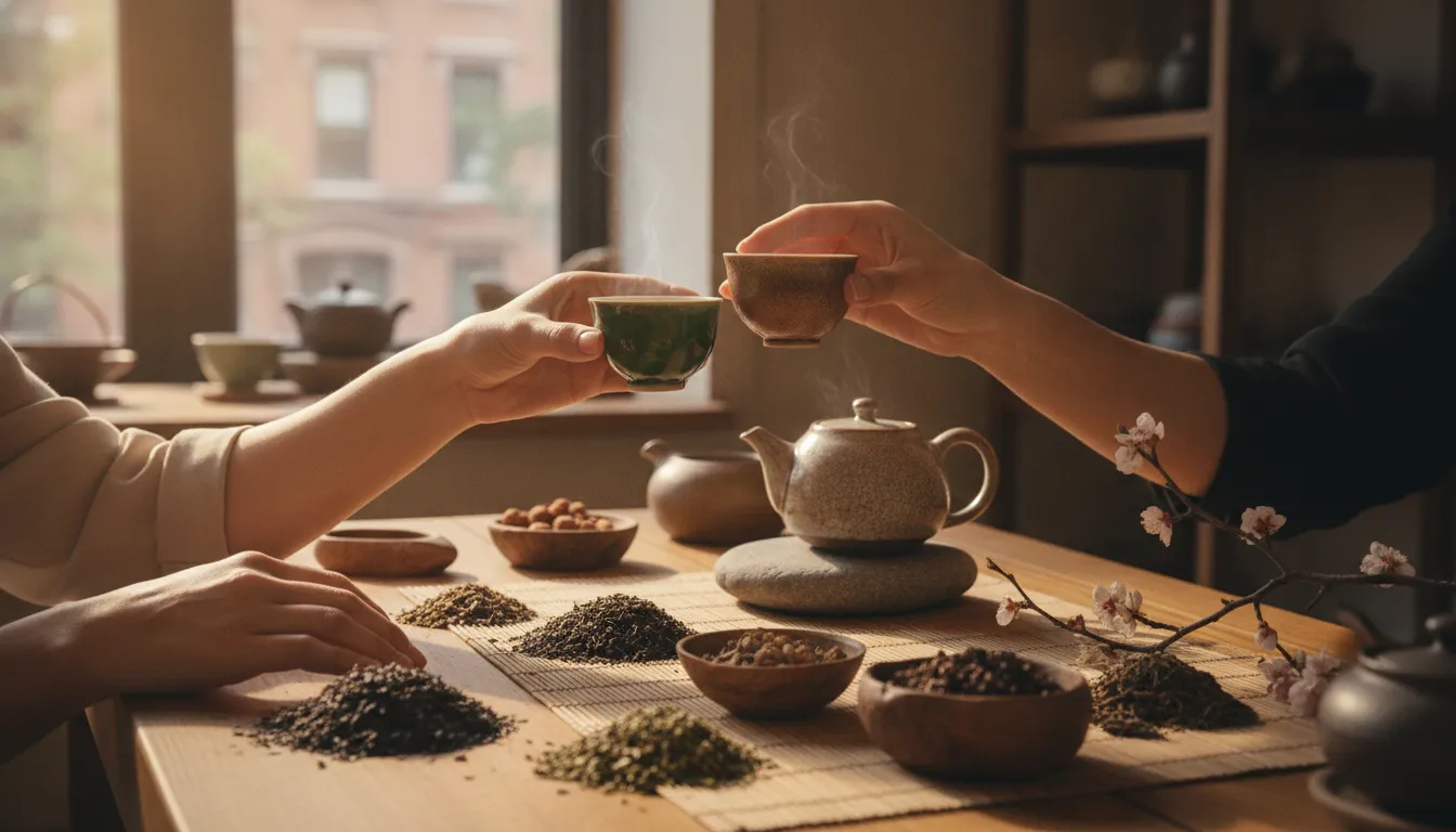 Hands comparing small ceramic cups during a Japanese tea tasting