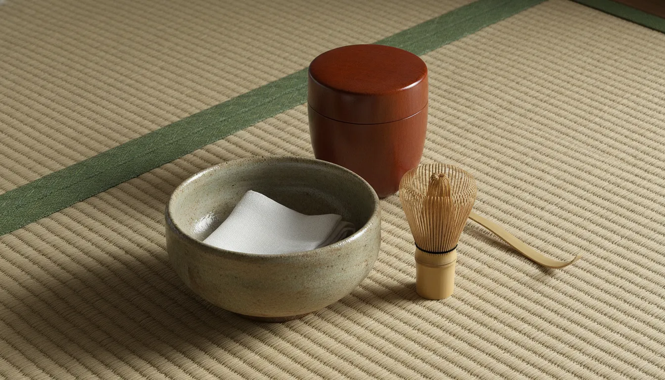 Matcha bowl, bamboo scoop, sifter, and tea caddy arranged for preparation