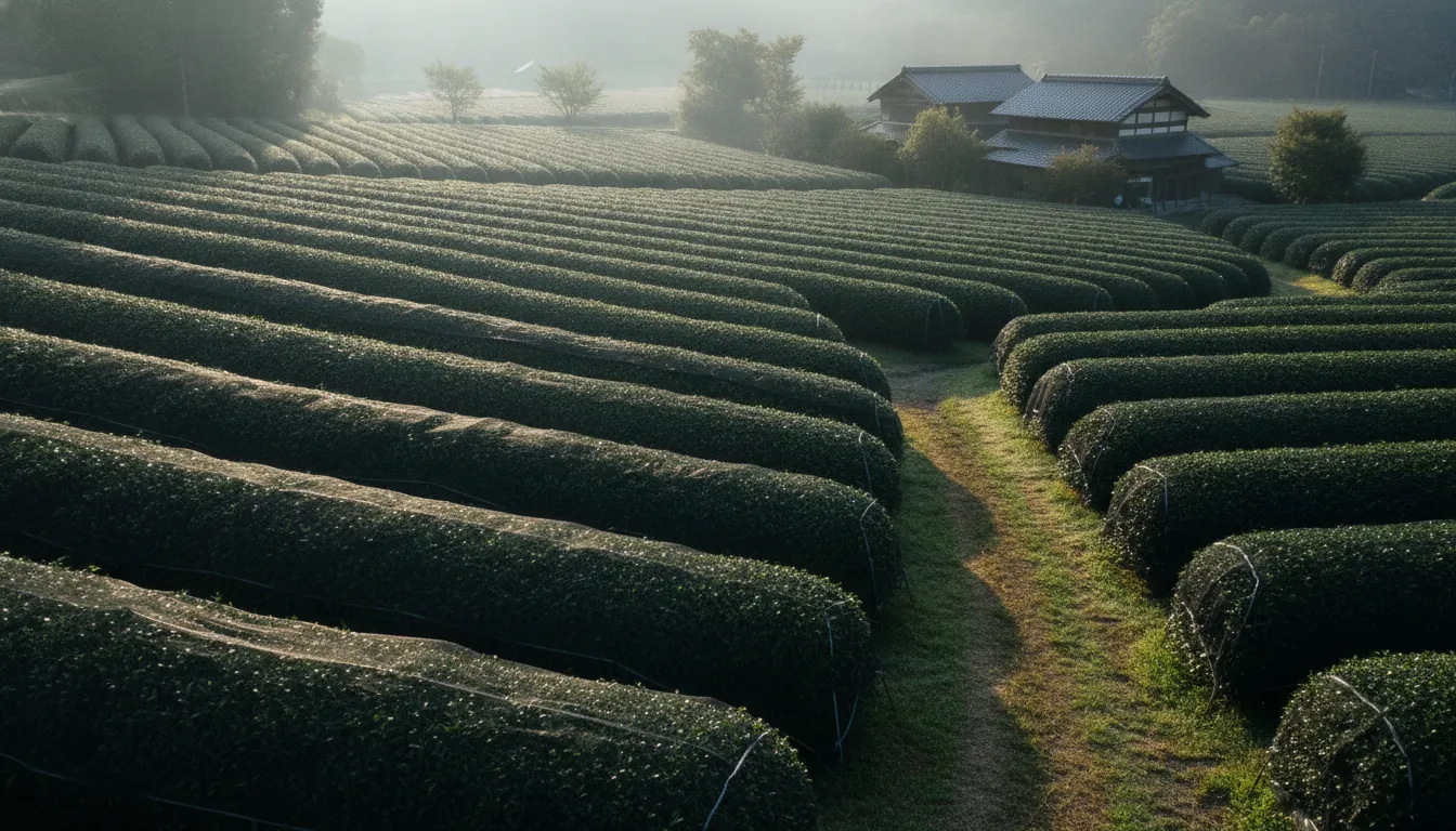 Shade-covered Japanese tea fields where tencha leaves are cultivated