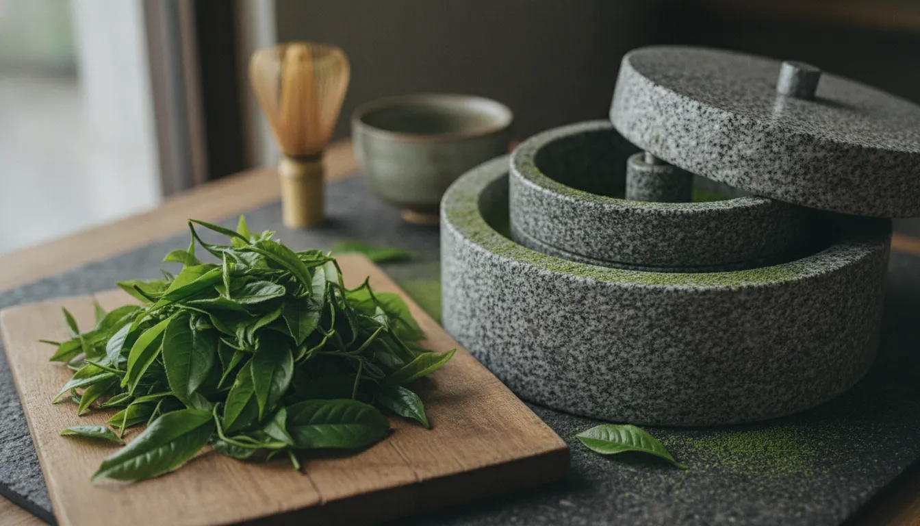 Tencha leaves beside a traditional granite matcha stone mill
