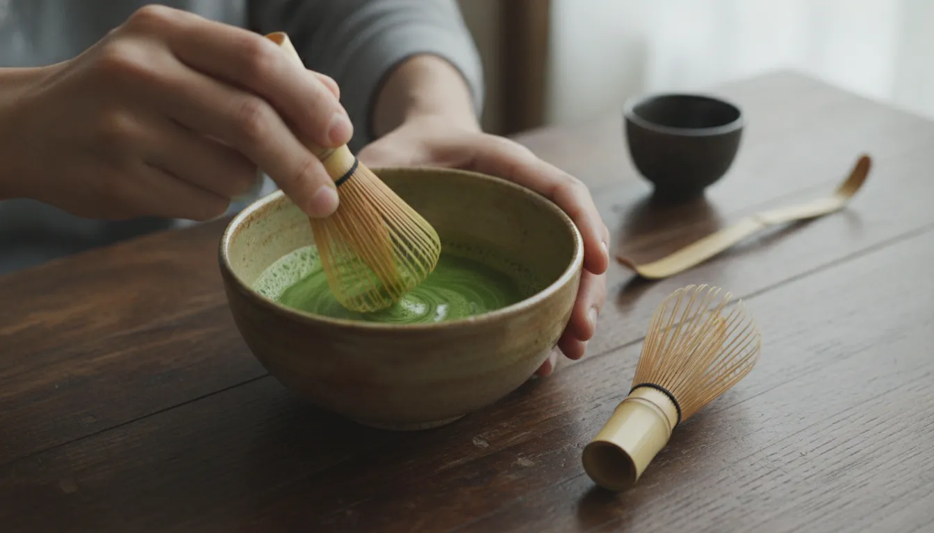 Matcha being whisked in a ceramic bowl with a bamboo whisk