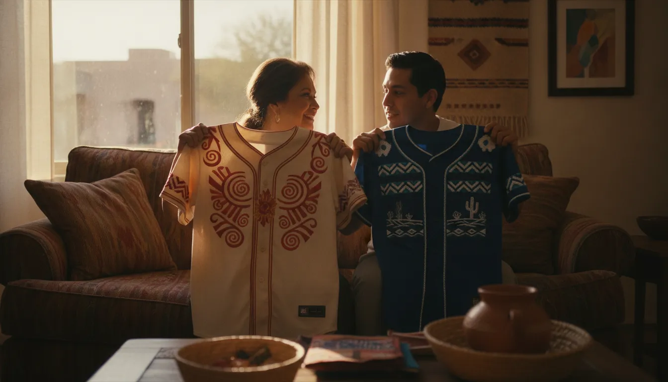 Family members comparing Mexican baseball jerseys before an Arizona gathering
