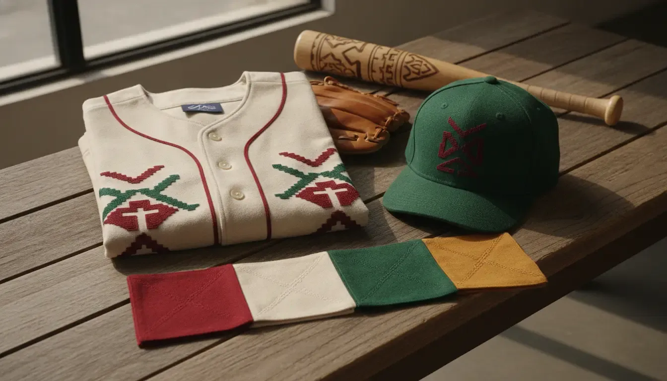 Banda-inspired Mexican baseball jersey color palette with a green cap