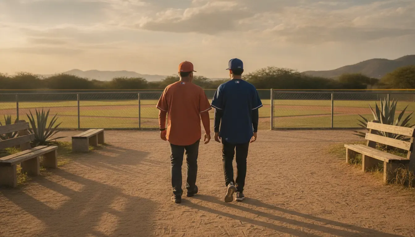 Family members walking to a baseball field in coordinated Mexican baseball jerseys and caps