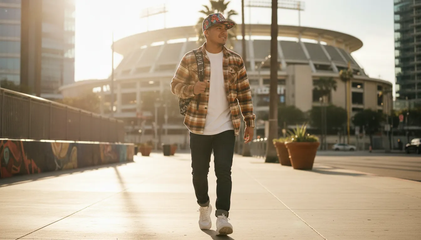 Embroidered beisbol sports lifestyle hat in a casual streetwear scene, showing the premium stitch detail up close