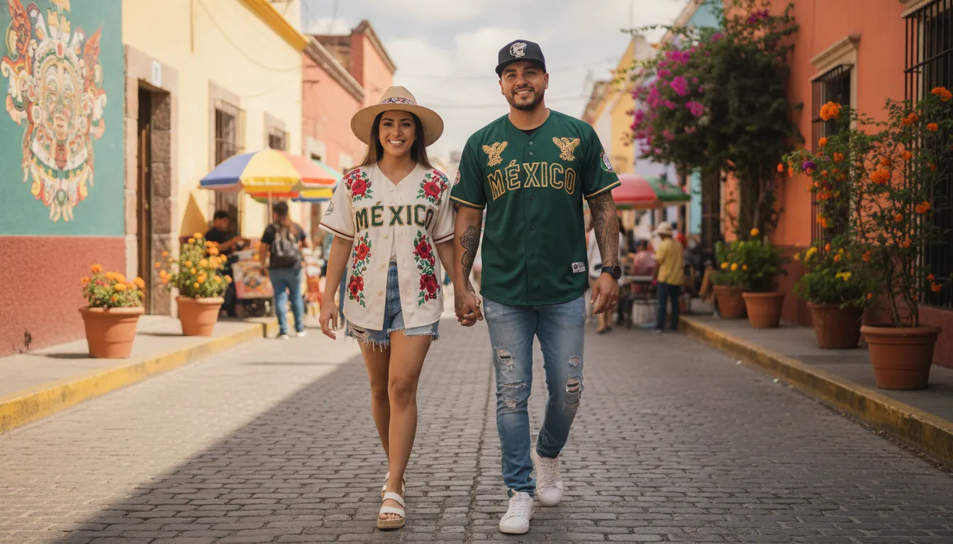 Woman styling an embroidered Mexico baseball shirt with jeans for an everyday casual look