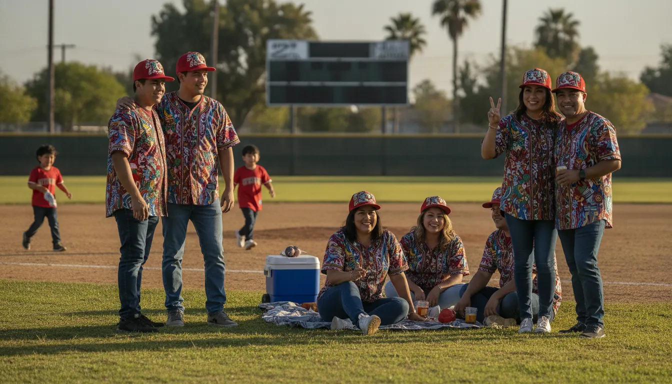 Mexican American family wearing California baseball apparel at a sunny ballpark