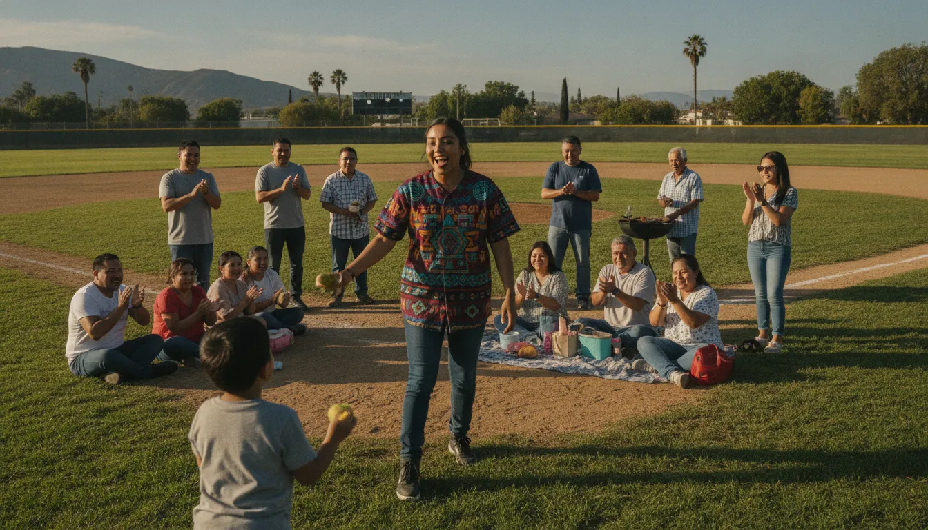 Mexican American family wearing state jerseys at a California community baseball game