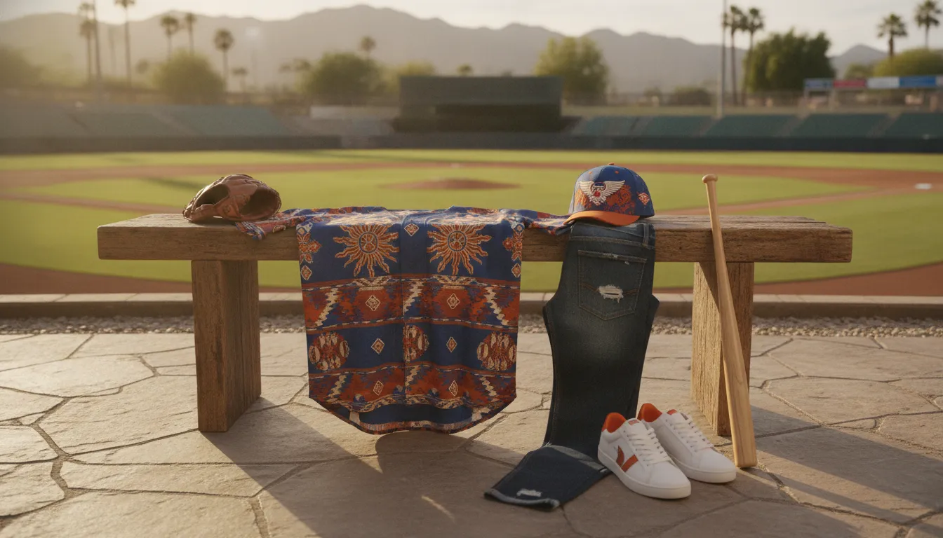 California game-day outfit with Mexican baseball jersey and embroidered cap