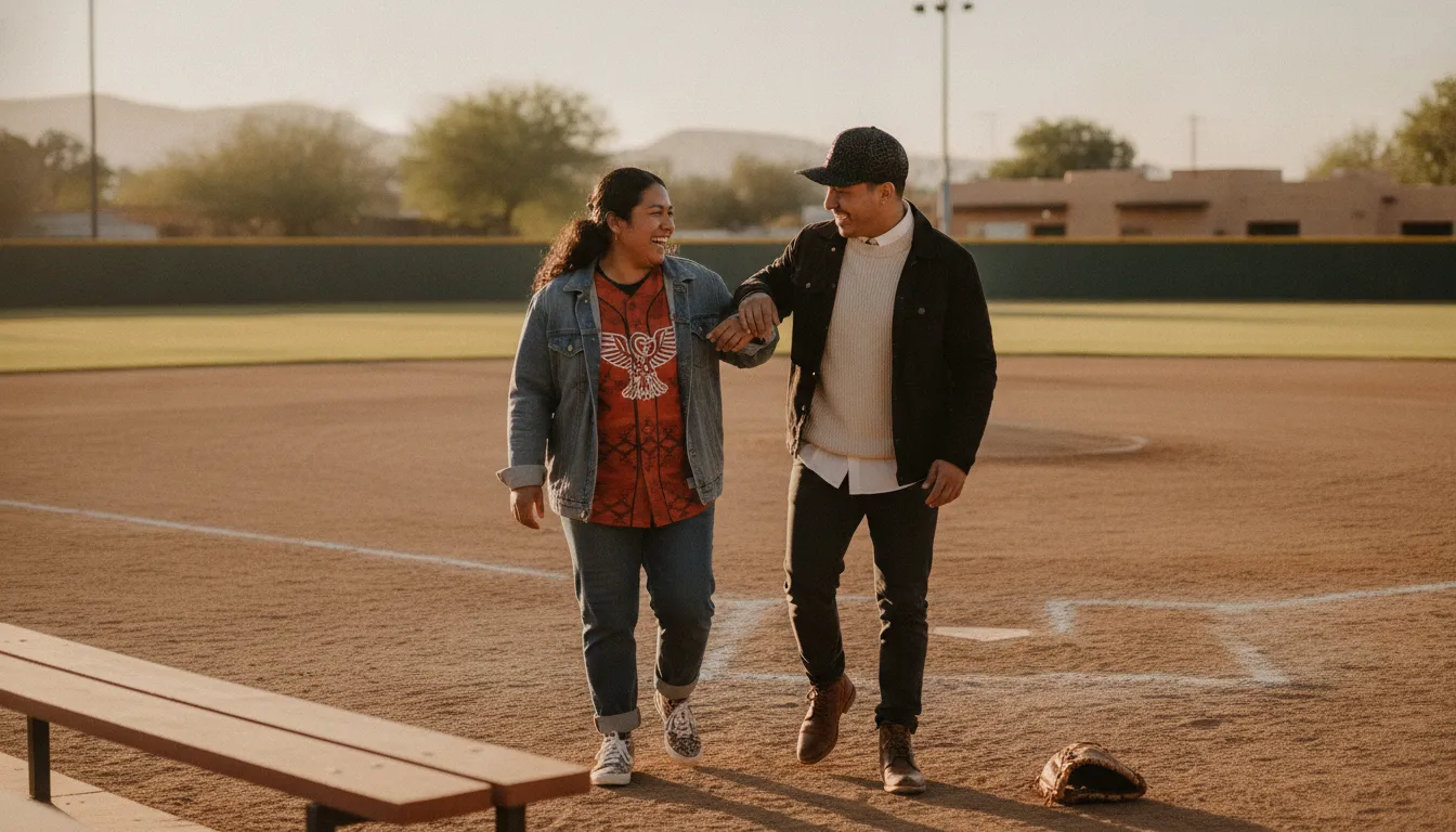 Friends wearing baseball layers together during an evening at a community ballpark
