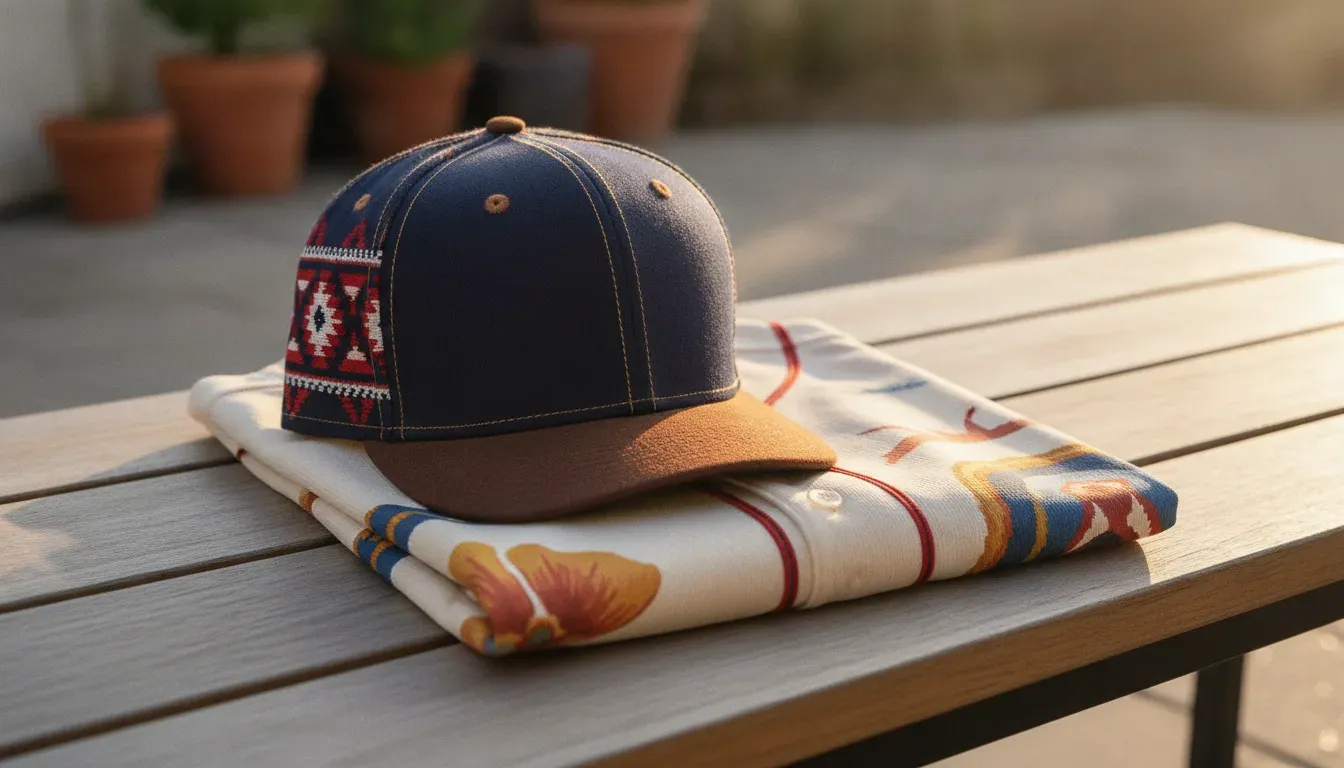 Structured embroidered Mexican-style fitted cap beside a state-inspired jersey