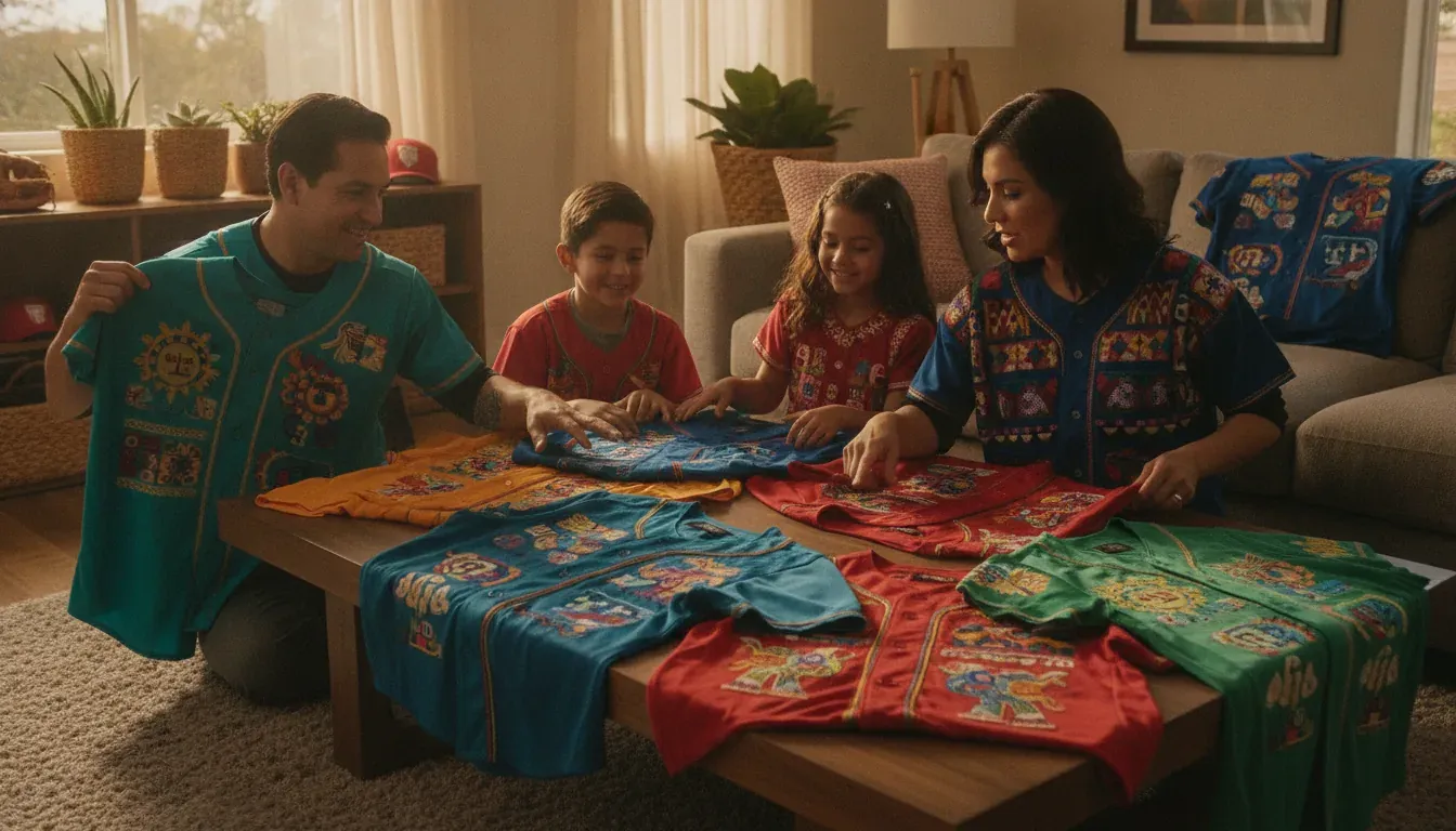 Family choosing colorful Mexican baseball jerseys for a California collection