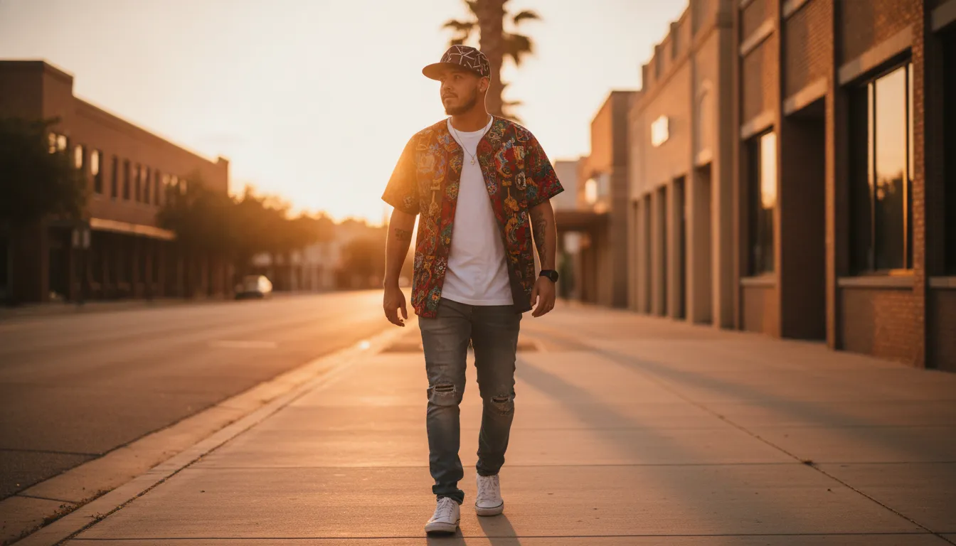 Mexican man in embroidered Mexican state baseball jersey and beisbol cap on a Texas street