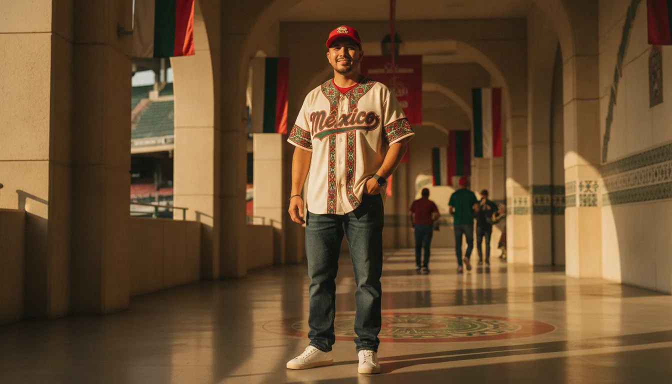 Mexican baseball jersey outfit styled with denim and sneakers