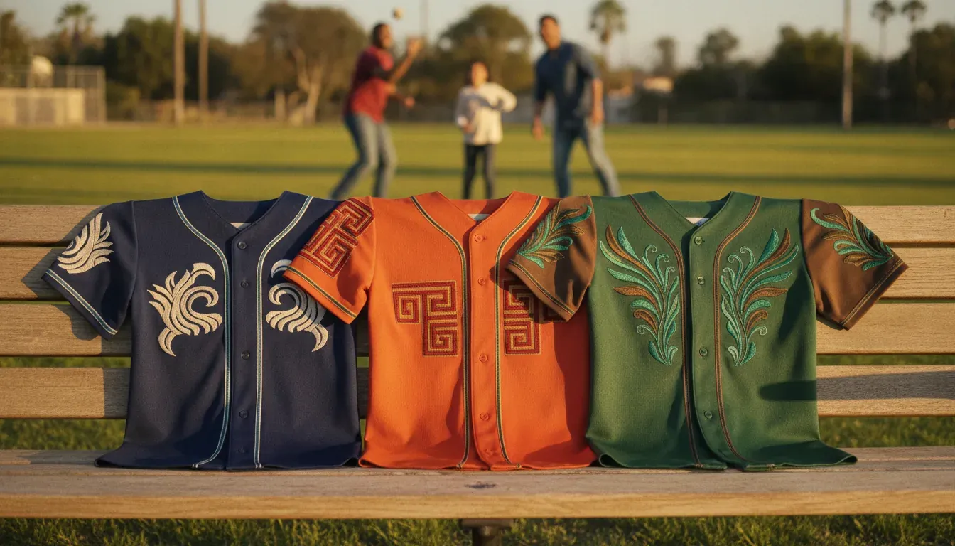 Beisbol California jersey collection arranged on a baseball bench