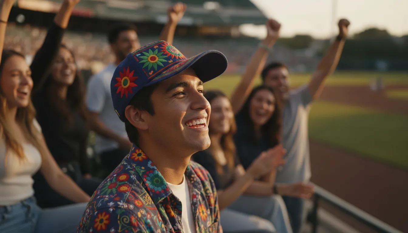 Latino man wearing a colorful embroidered Mexican-style beisbol hat at a Texas ballpark