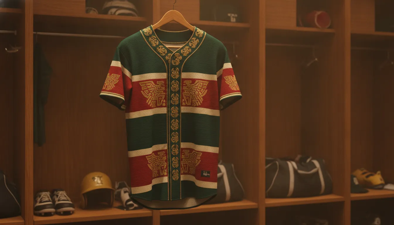 Mexico baseball jersey displayed in a stadium locker