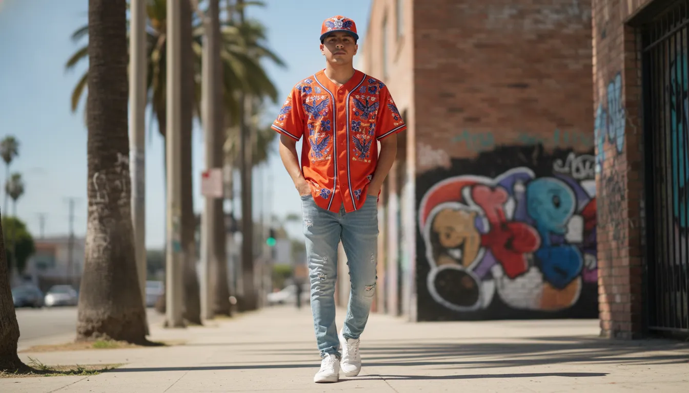 Mexican-American man in an embroidered Mexican state baseball jersey and beisbol cap on an LA street