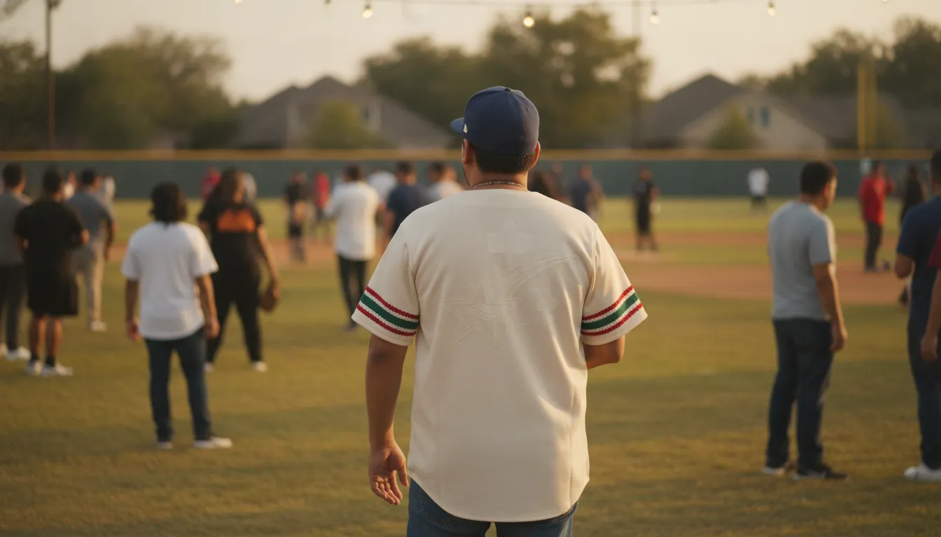 Houston fan wearing a Mexican state baseball jersey at a community gathering