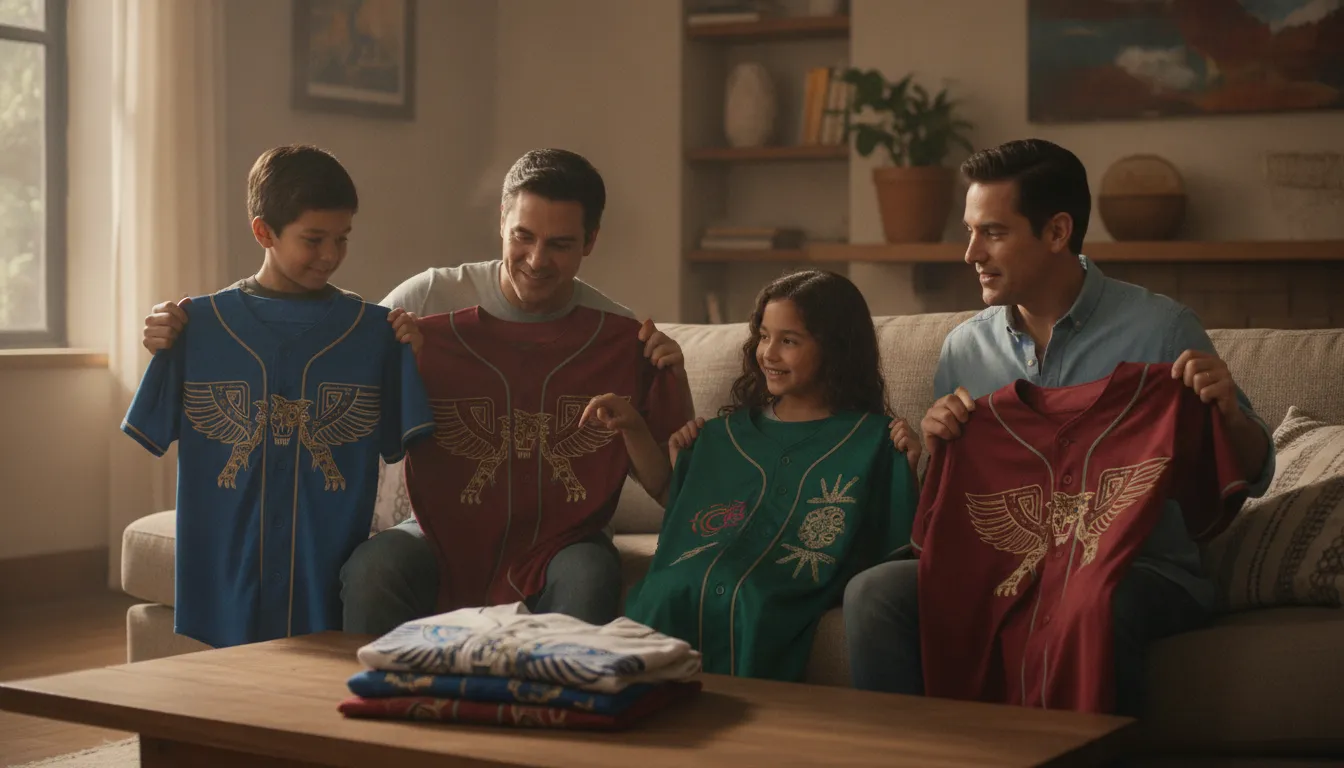 Family comparing Mexican state baseball jersey styles at home