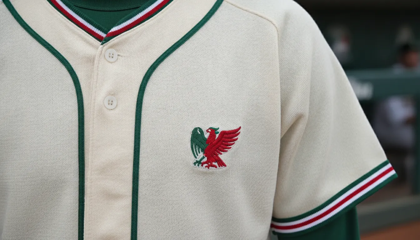Detalle del bordado retro del jersey Mexico Blanca con franjas verdes y rojas