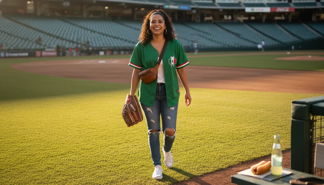 Woman wearing a Mexico baseball jersey with jeans at a ballpark