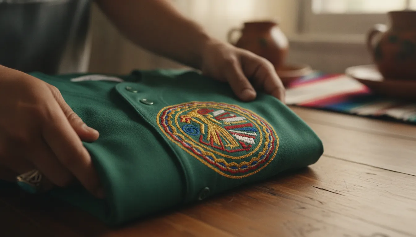 Embroidered Mexican baseball jersey details showing professional craftsmanship