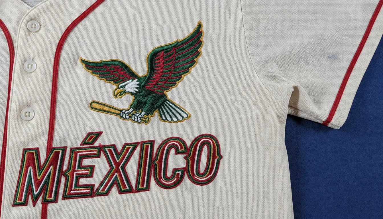 Close-up embroidery and fabric details on Mexican state pride apparel