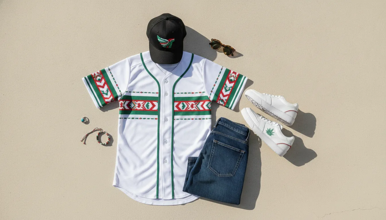 Mexico-inspired baseball jersey styled with denim, sneakers, and accessories