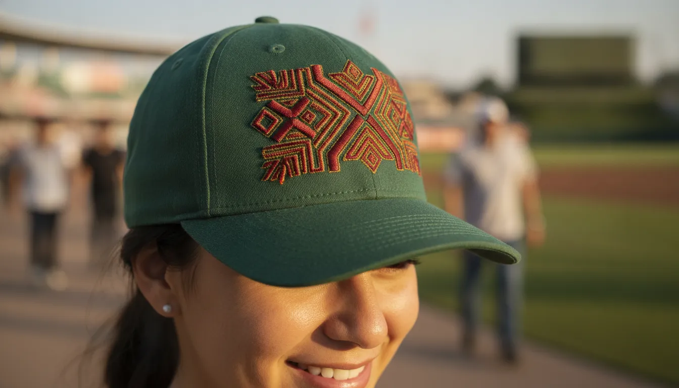 A premium Mexican-style baseball cap with embroidered front panel worn at a sunny ballpark