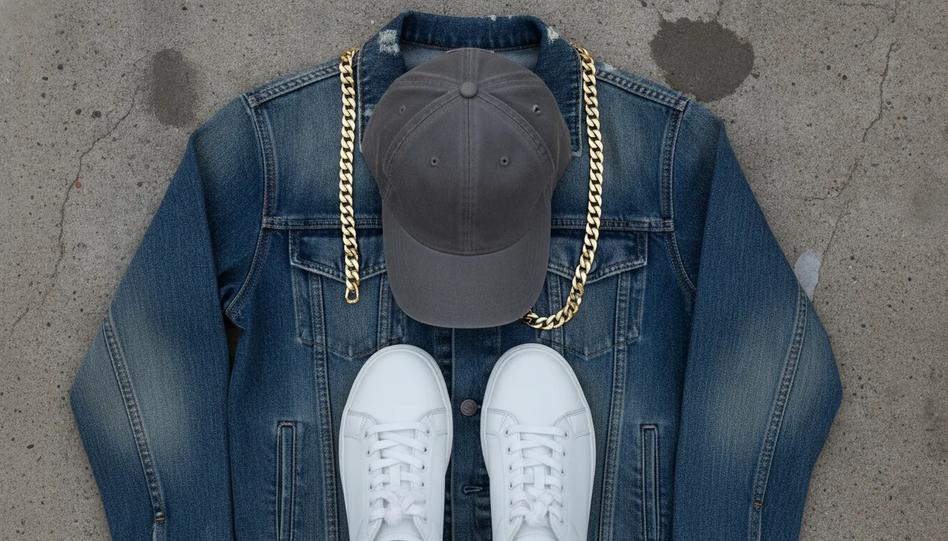 Streetwear flat-lay of a dark baseball cap with denim, gold chain, and white sneakers
