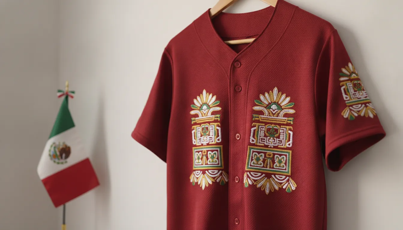A premium stitched red Mexican state baseball jersey on a hanger, ready for a Septiembre 16 celebration